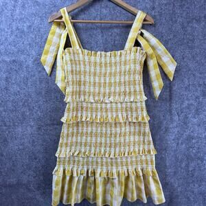 Ceme Dress Large Yellow White Shirred Tiered Ruffle Bow Gingham Country Picnic